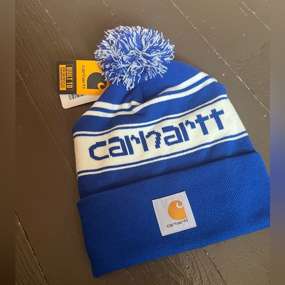 Carhartt blue/white Pom Pom cuffed beanie infant unisex - Picture 2 of 3